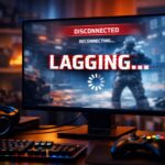Gaming PC monitor showing a frozen game screen with glitchy 'LAGGING' and 'DISCONNECTED' indicators, surrounded by headset, controller, and RGB keyboard, illustrating online multiplayer game lag.