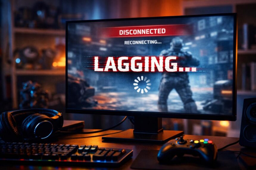 Gaming PC monitor showing a frozen game screen with glitchy 'LAGGING' and 'DISCONNECTED' indicators, surrounded by headset, controller, and RGB keyboard, illustrating online multiplayer game lag.