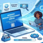 Illustration showing how to fix Memory Management Blue Screen on Windows 10 and 11, with laptop, RAM, and troubleshooting tools.