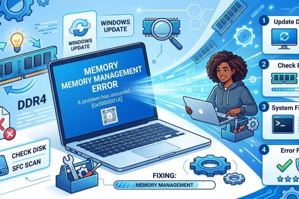 Illustration showing how to fix Memory Management Blue Screen on Windows 10 and 11, with laptop, RAM, and troubleshooting tools.