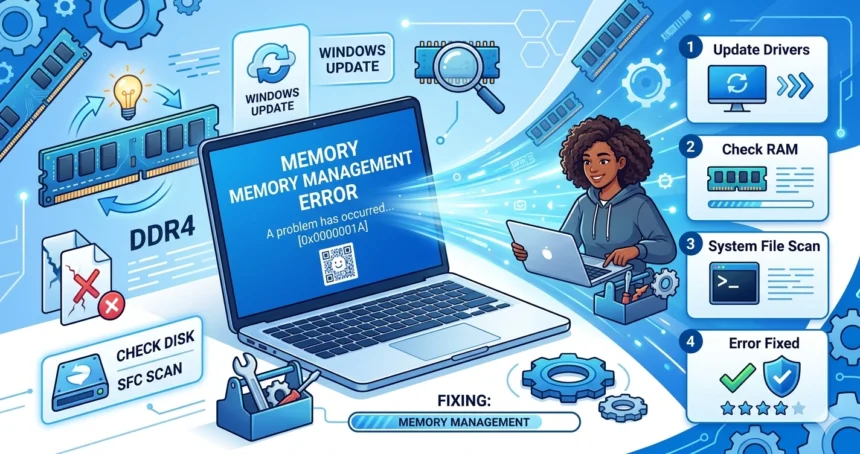 Illustration showing how to fix Memory Management Blue Screen on Windows 10 and 11, with laptop, RAM, and troubleshooting tools.