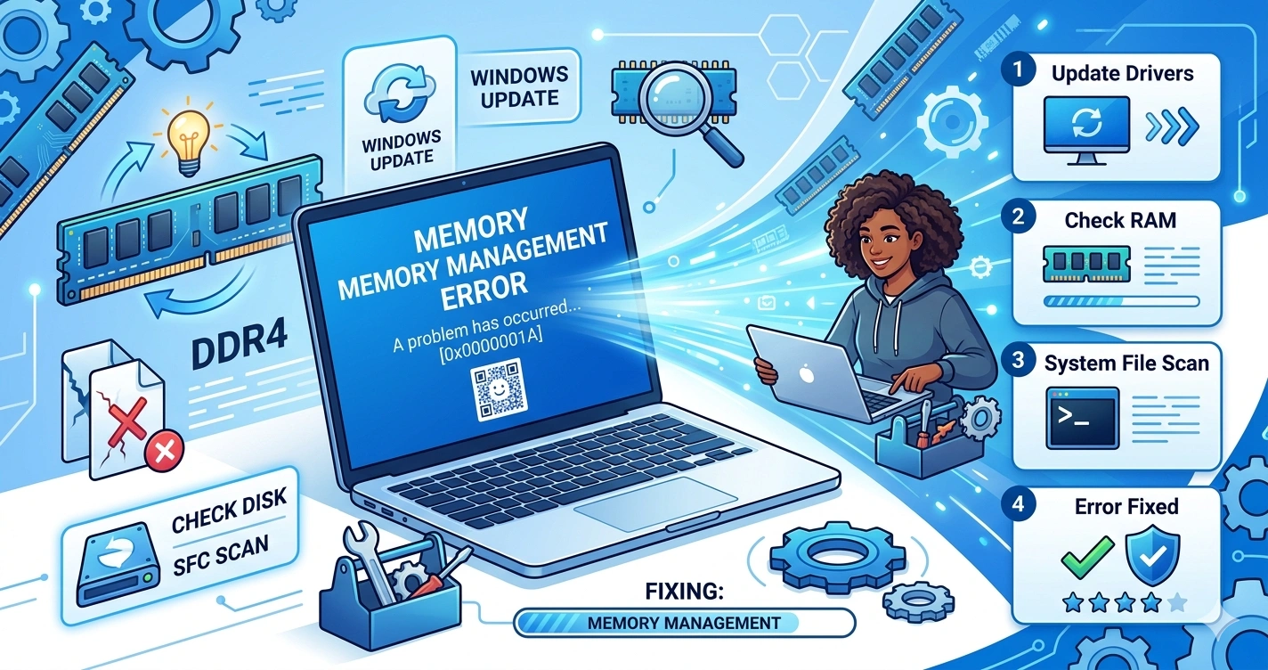 Illustration showing how to fix Memory Management Blue Screen on Windows 10 and 11, with laptop, RAM, and troubleshooting tools.