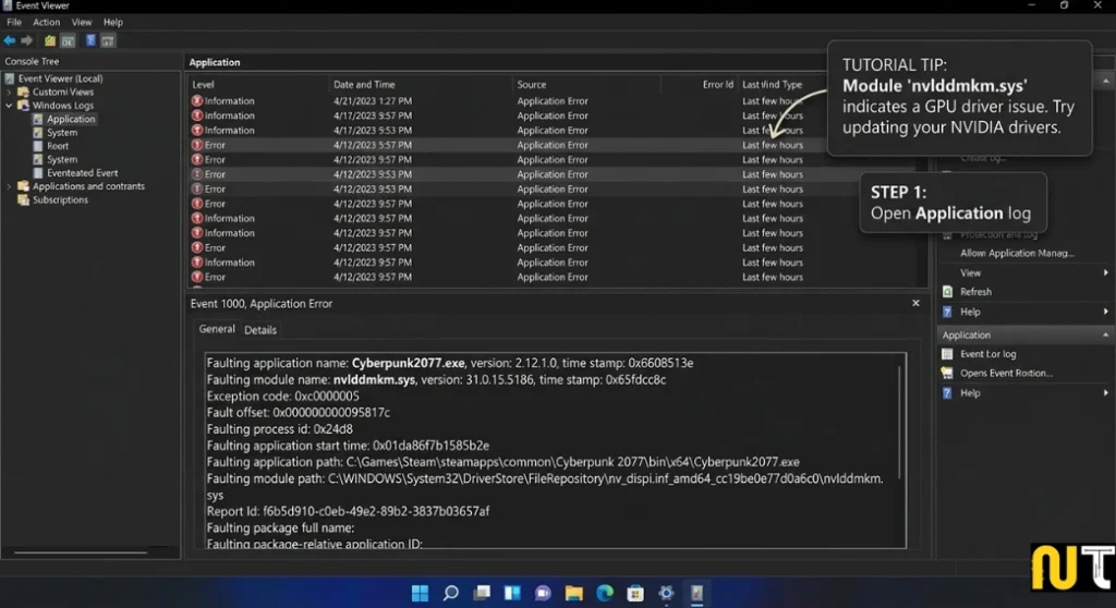 Windows Event Viewer game crash error log
