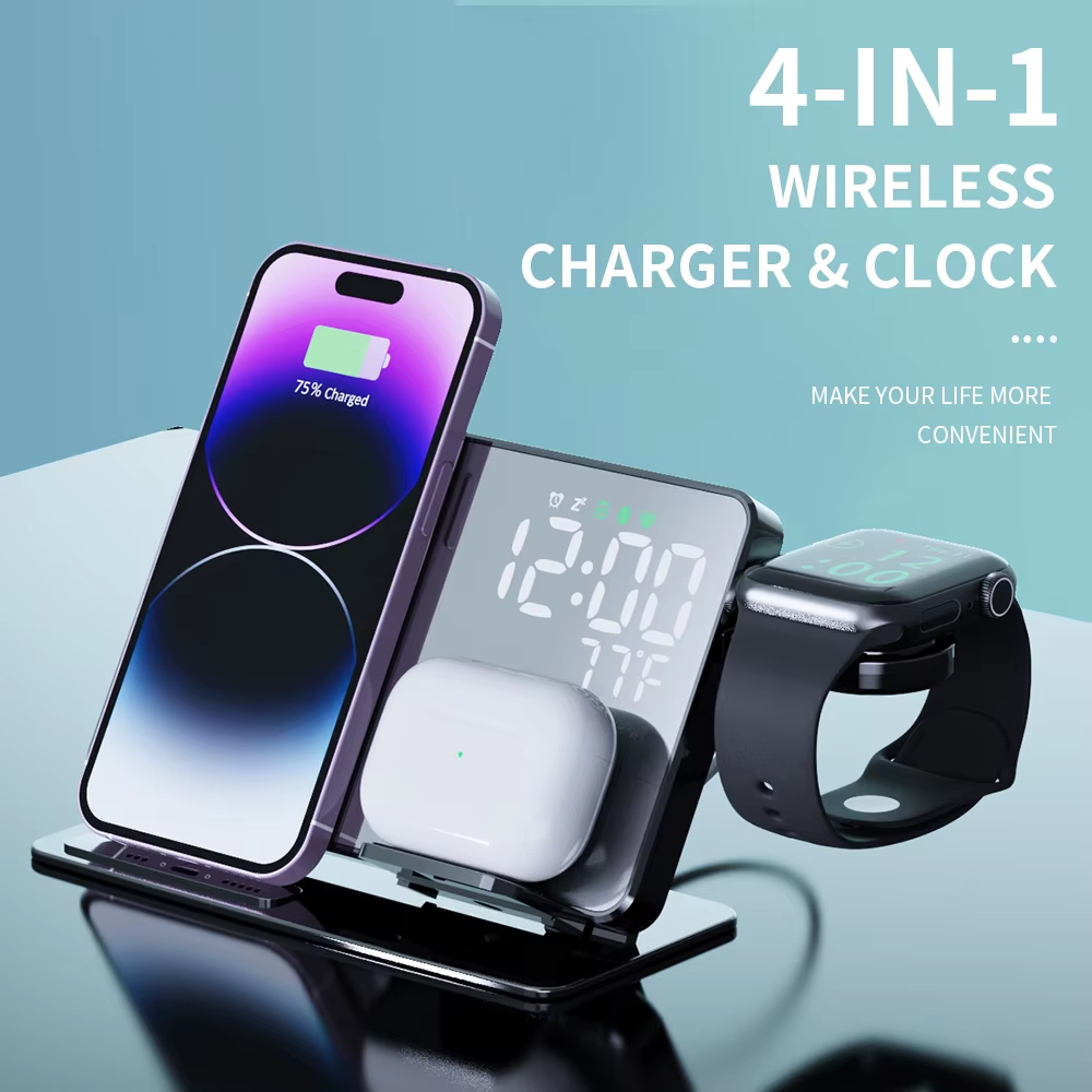 3-in-1 Fast Wireless Charging Station for iPhone 14, 13, 12 Pro & Apple Watch – LED Clock Dock Stand