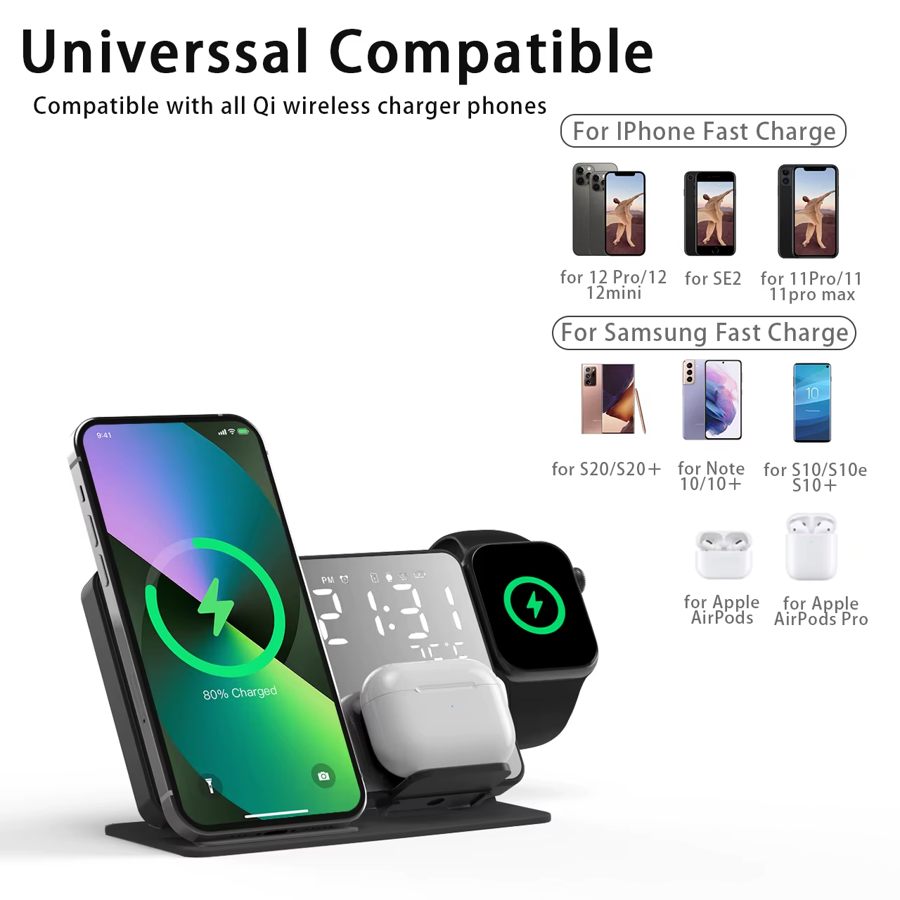3-in-1 Fast Wireless Charging Station for iPhone 14, 13, 12 Pro & Apple Watch – LED Clock Dock Stand - Image 2